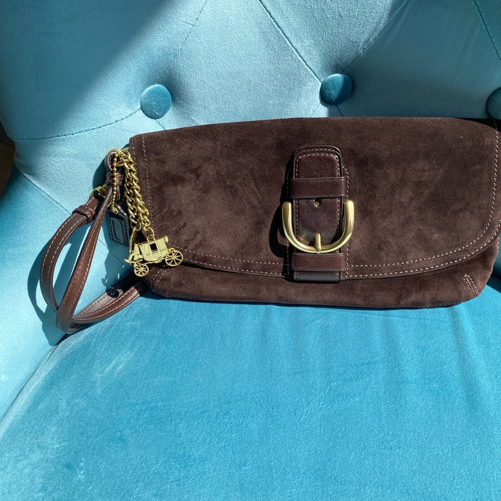 Coach Brown Suede Clutch with Gold Accents